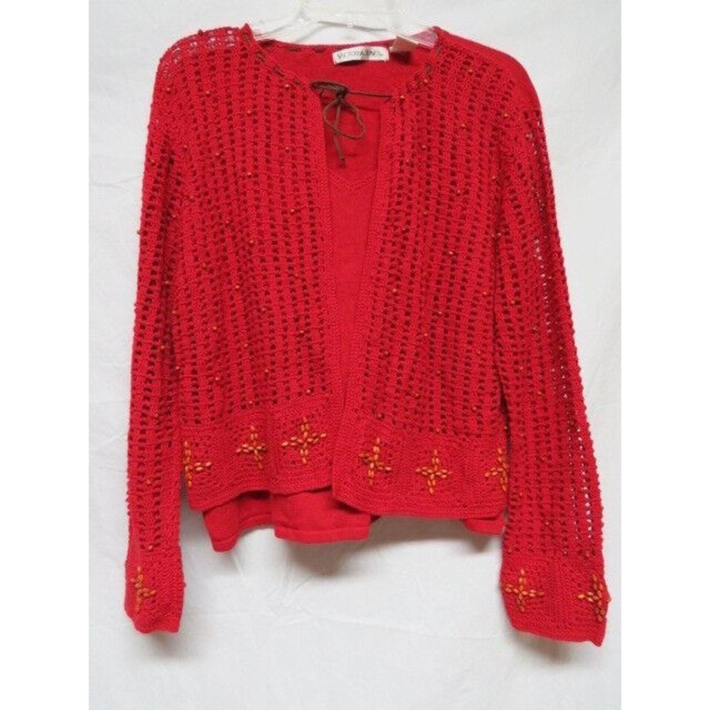 Victoria Jones Red Cardigan Sweater w Beads and Leather collar tie poetcore Sz L